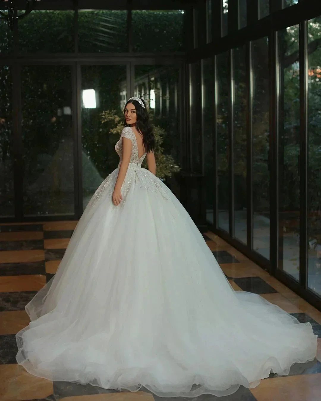 Luxury Long A-line V-neck Beads Tulle Glitter Wedding Dress with Cap Sleeves - Image 3