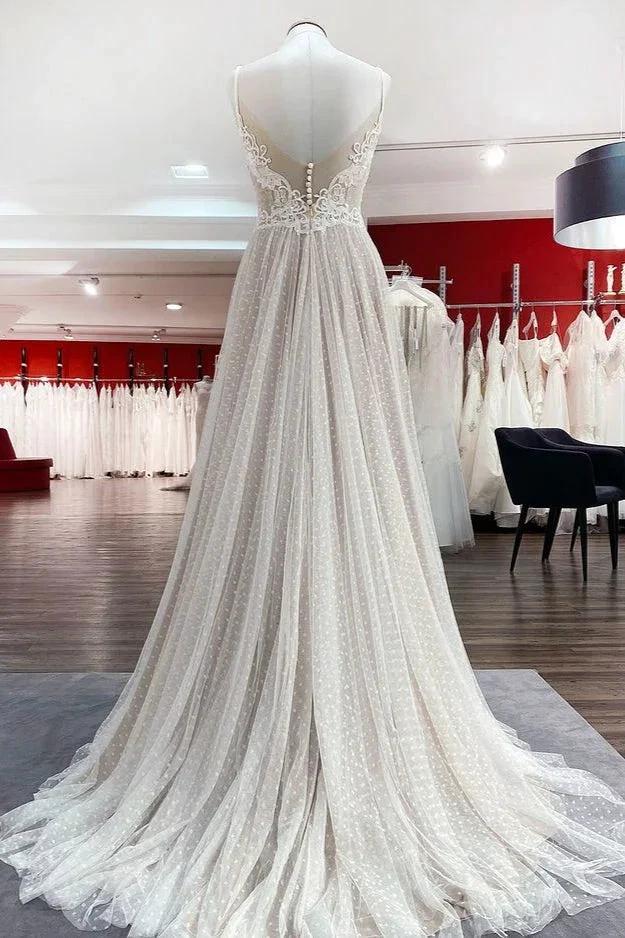 Luxury Long A-line V-neck Tulle Open Back Lace Wedding Dress - Image 2