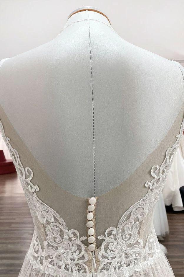 Luxury Long A-line V-neck Tulle Open Back Lace Wedding Dress - Image 5
