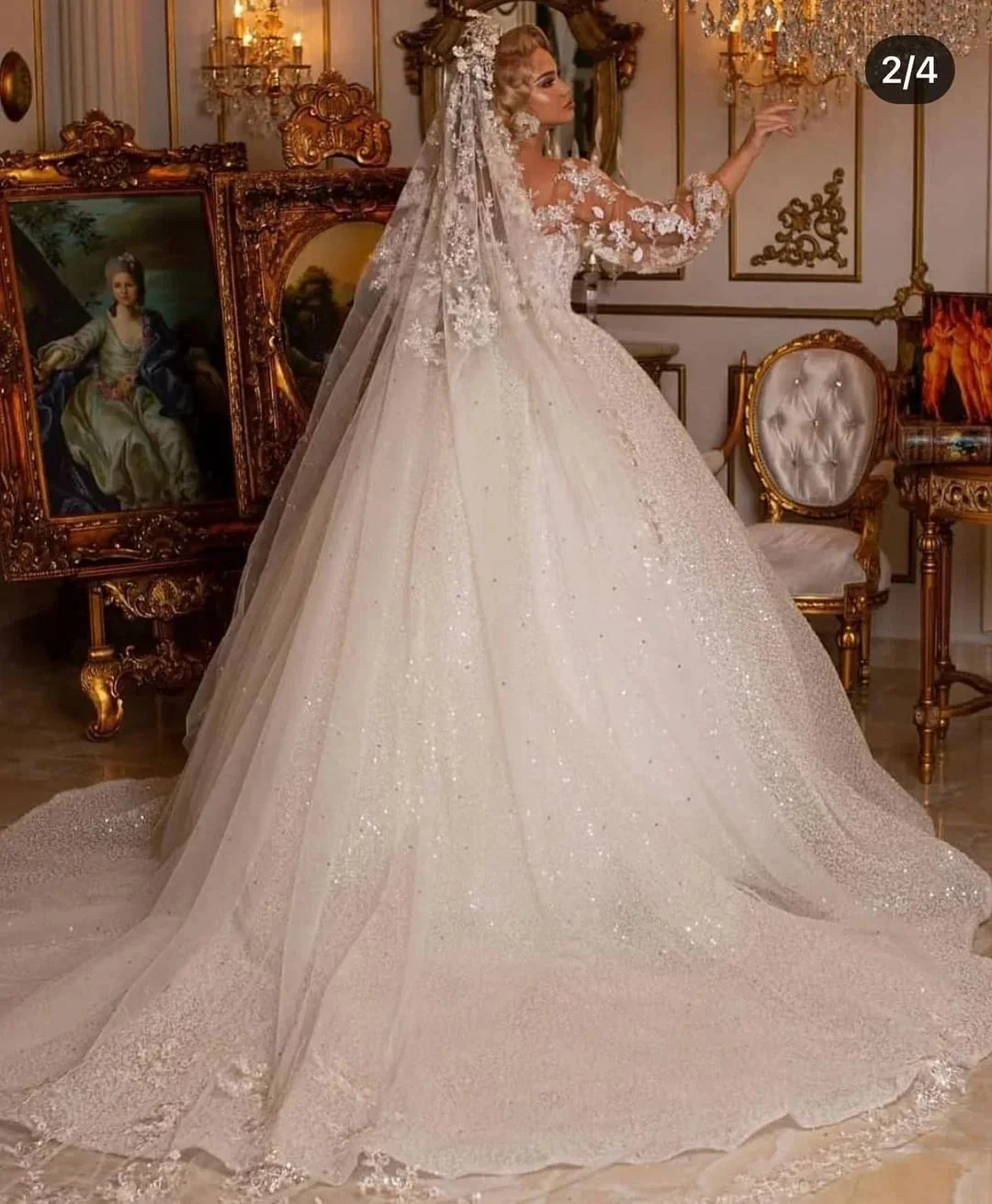 Luxury Long Ball Gown Glitter Wedding Dress with Puffy Sleeves - Image 2