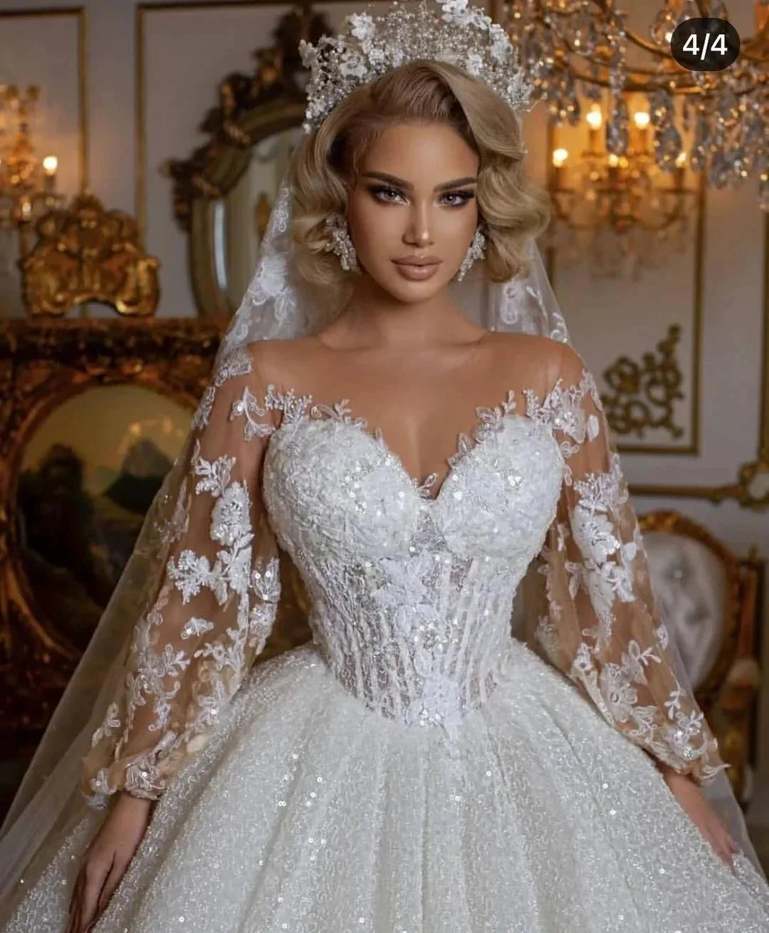 Luxury Long Ball Gown Glitter Wedding Dress with Puffy Sleeves - Image 3