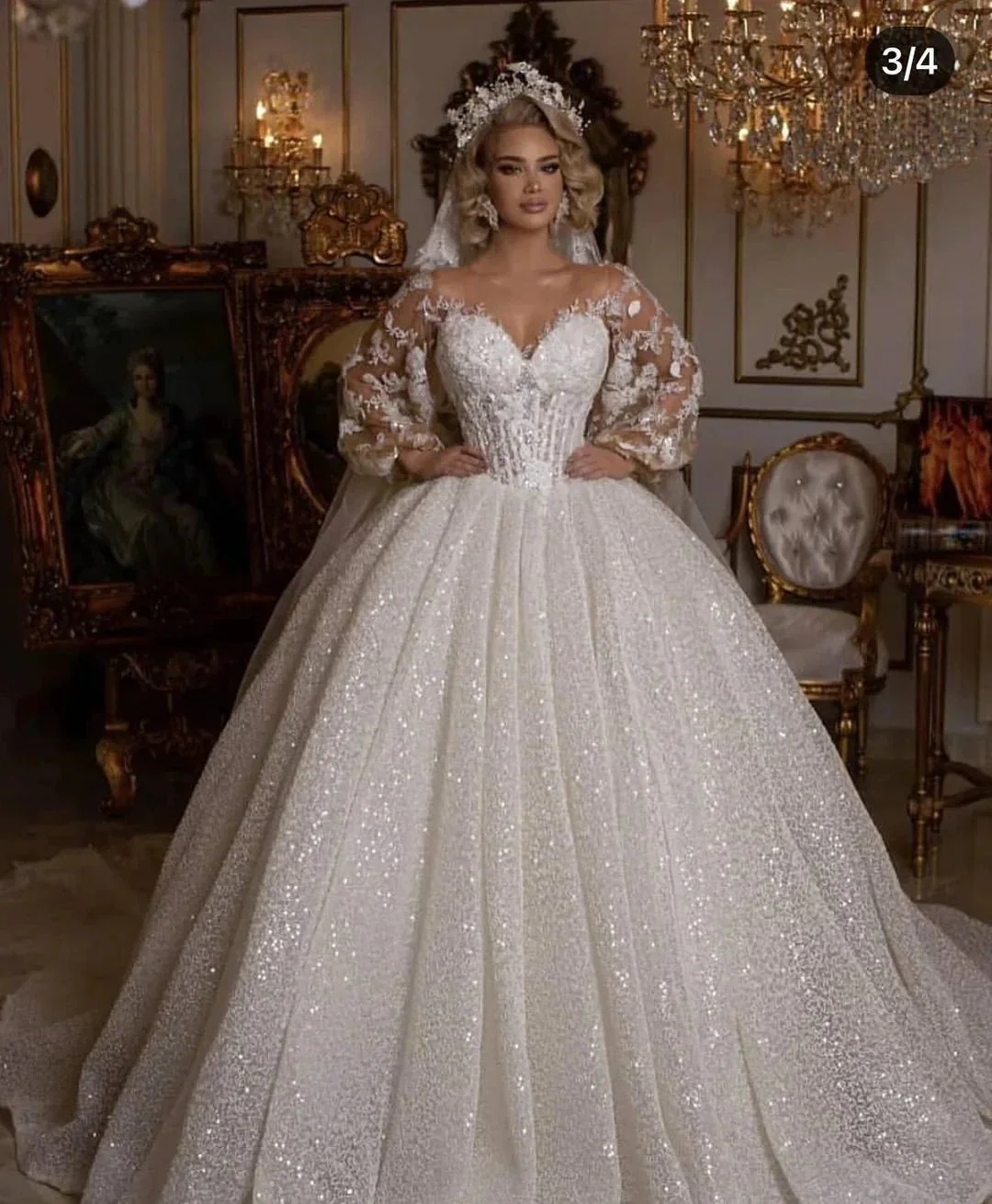 Luxury Long Ball Gown Glitter Wedding Dress with Puffy Sleeves - Image 5