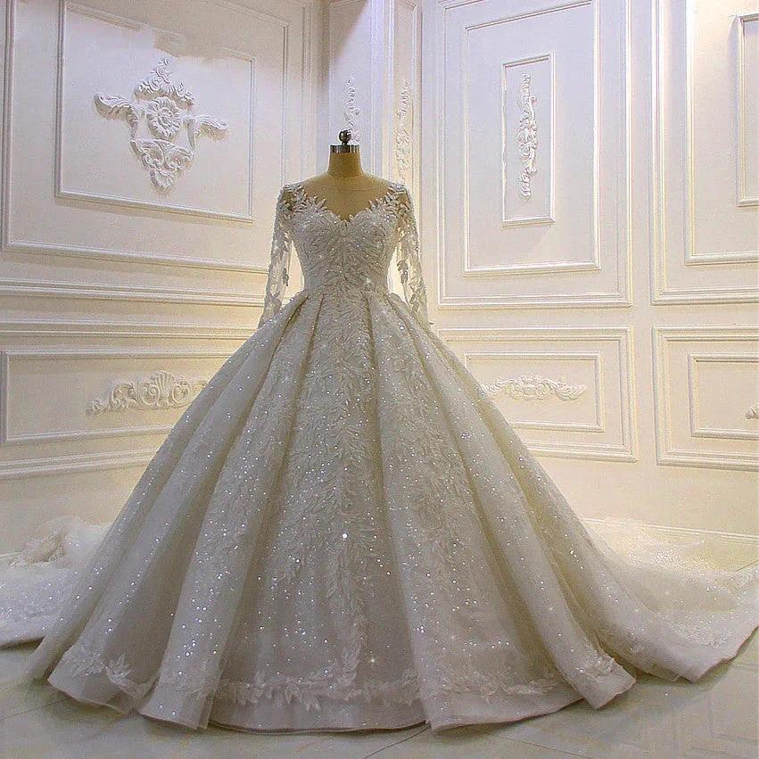 Luxury Long Ball Gown Lace Appliques Wedding Dress with Sleeves - Image 2
