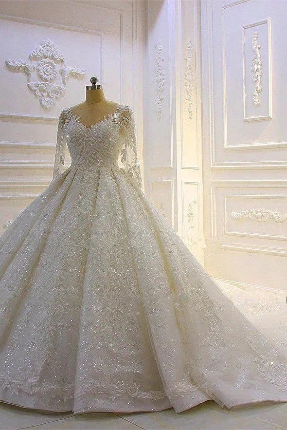 Luxury Long Ball Gown Lace Appliques Wedding Dress with Sleeves - Image 3