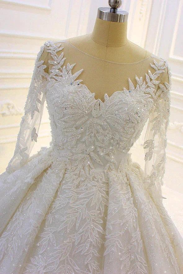 Luxury Long Ball Gown Lace Appliques Wedding Dress with Sleeves - Image 4