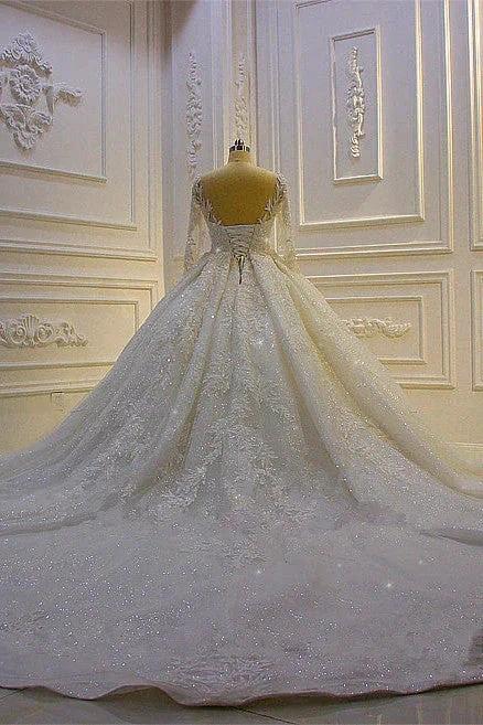 Luxury Long Ball Gown Lace Appliques Wedding Dress with Sleeves - Image 5