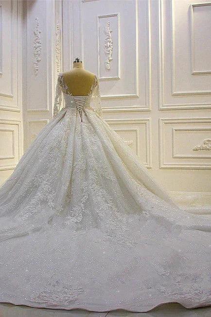 Luxury Long Ball Gown Lace Appliques Wedding Dress with Sleeves - Image 6