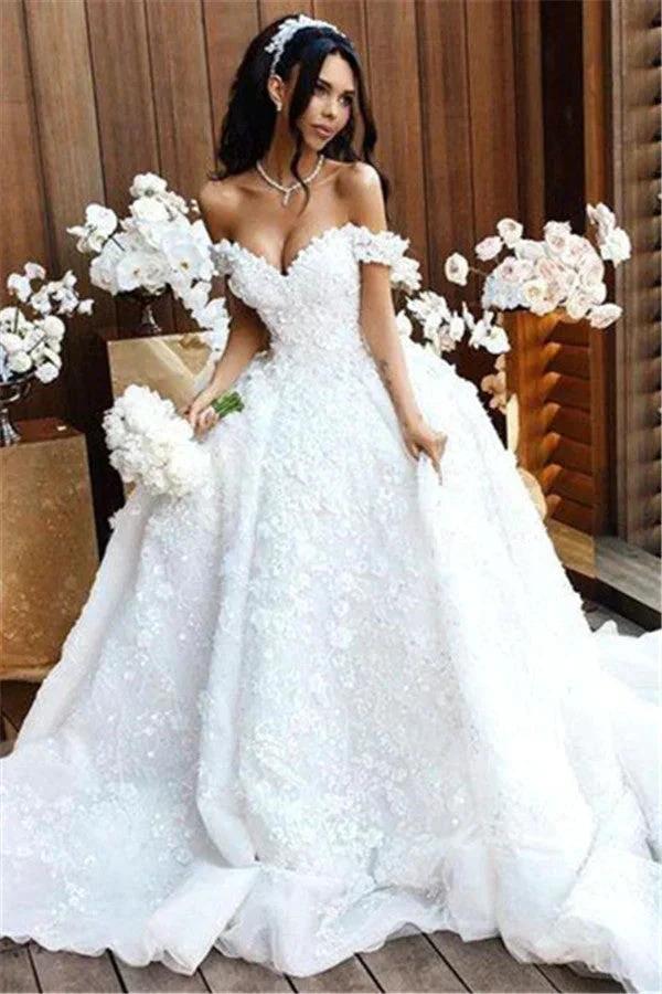 Luxury Long Ball Gown Off The Shoulder Appliques Lace Wedding Dresses - Image 2