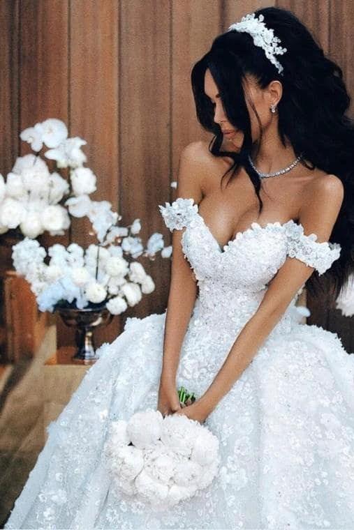 Luxury Long Ball Gown Off The Shoulder Appliques Lace Wedding Dresses - Image 3