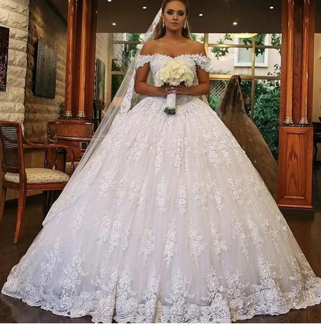 Luxury Long Ball Gown Off-the-shoulder Lace Wedding Dress with Catheral Train - Image 2