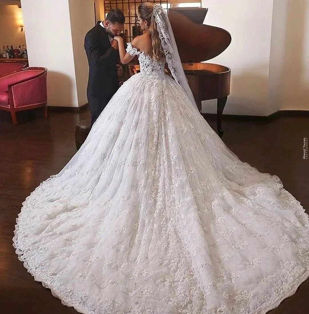 Luxury Long Ball Gown Off-the-shoulder Lace Wedding Dress with Catheral Train - Image 3