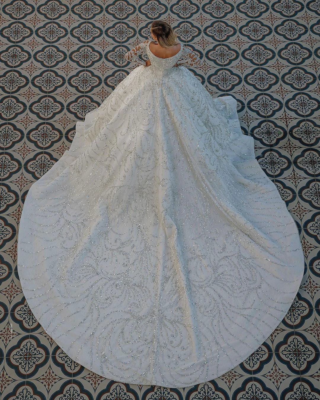 Luxury Long Ball Gown Sequin Off The Shoulder Backless Wedding Dress with Sleeves - Image 2