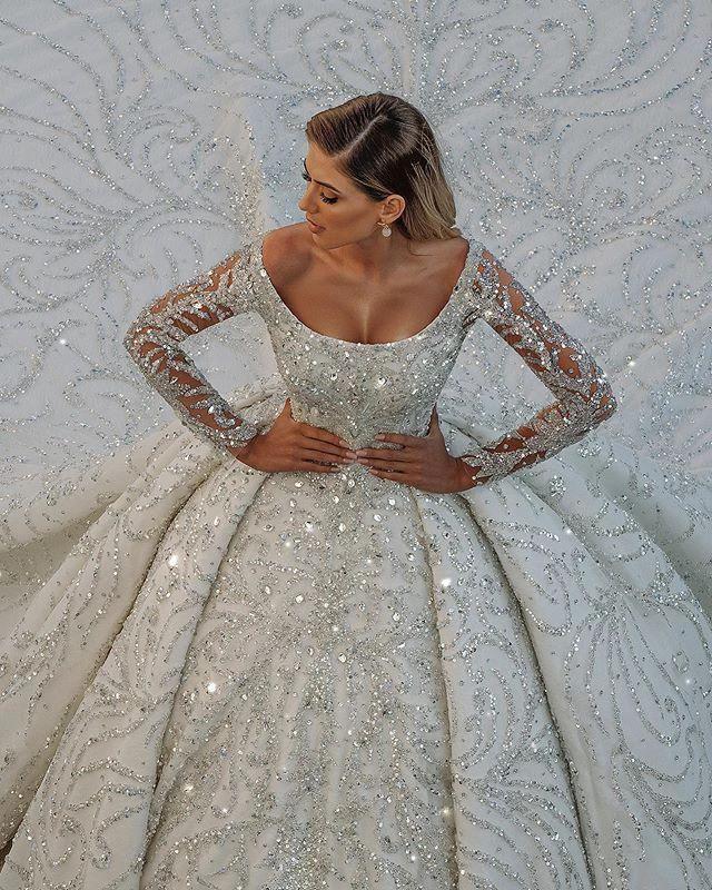 Luxury Long Ball Gown Sequin Off The Shoulder Backless Wedding Dress with Sleeves - Image 3