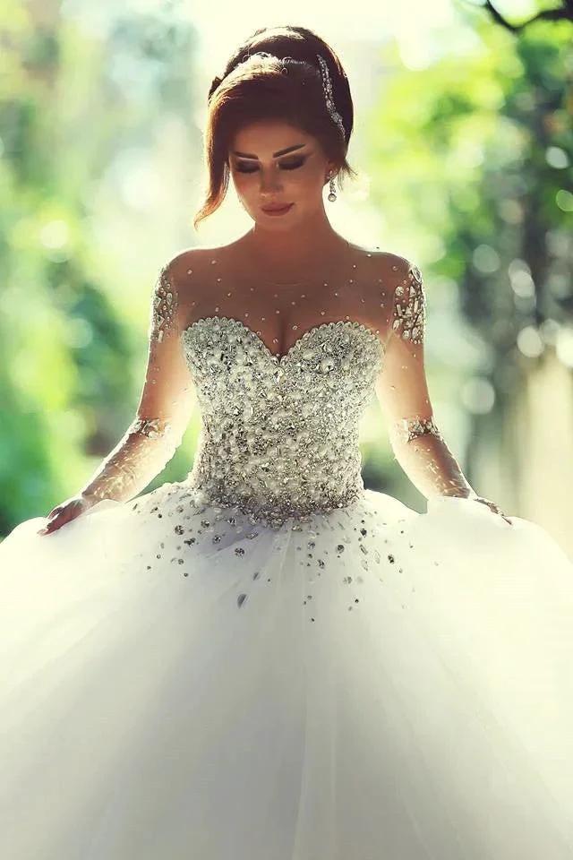 Luxury Long Ball Gown Sweetheart Crystals Beading Wedding Dresses with Sleeves - Image 2