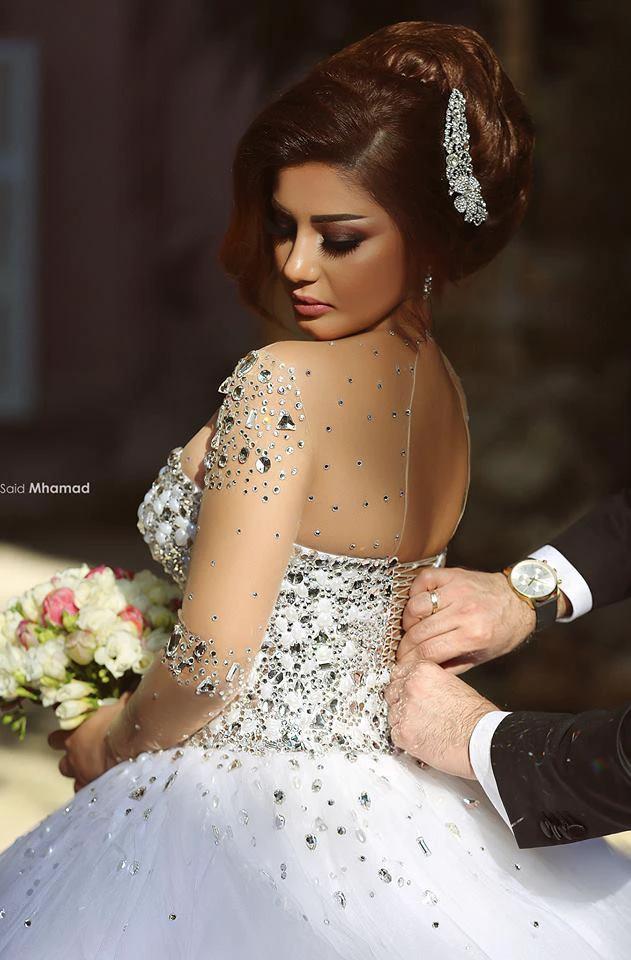 Luxury Long Ball Gown Sweetheart Crystals Beading Wedding Dresses with Sleeves - Image 4