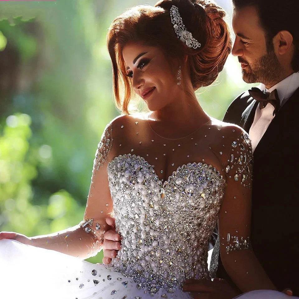 Luxury Long Ball Gown Sweetheart Crystals Beading Wedding Dresses with Sleeves - Image 6