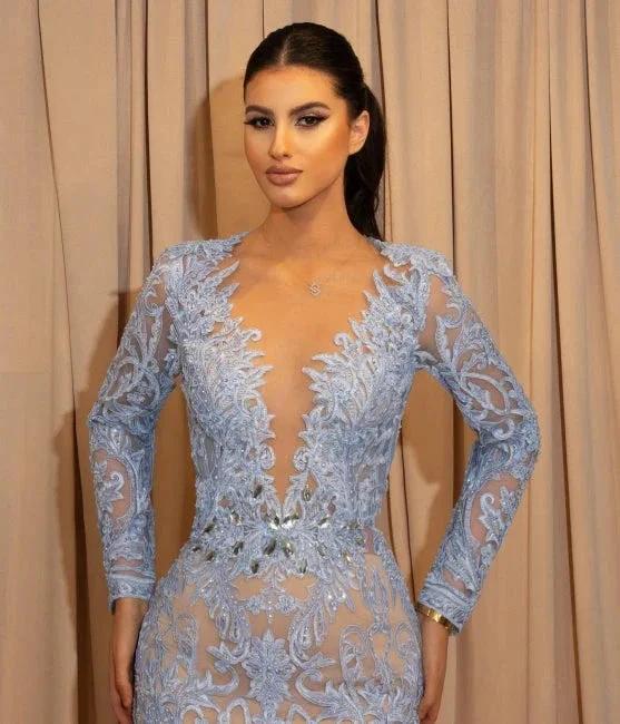 Luxury Long Blue Lace Mermaid Prom Dresses With Sleeves - Image 2