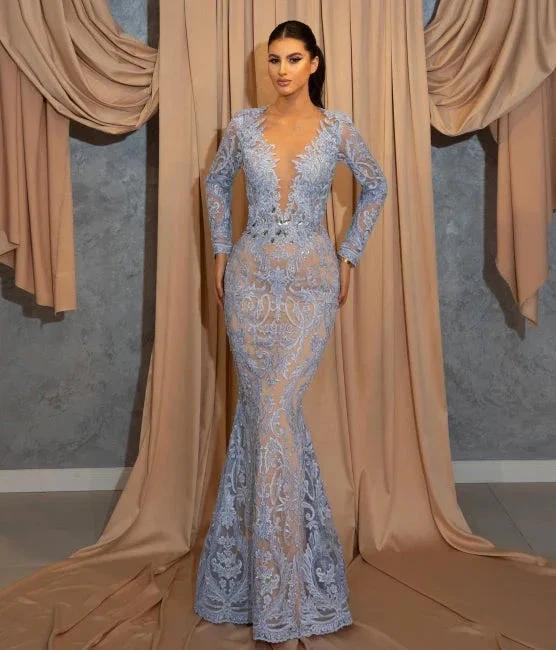 Luxury Long Blue Lace Mermaid Prom Dresses With Sleeves - Image 3