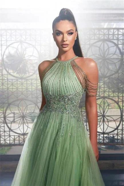 Luxury Long Green Glitter Halter Sleeveless Evening Dresses - Image 2