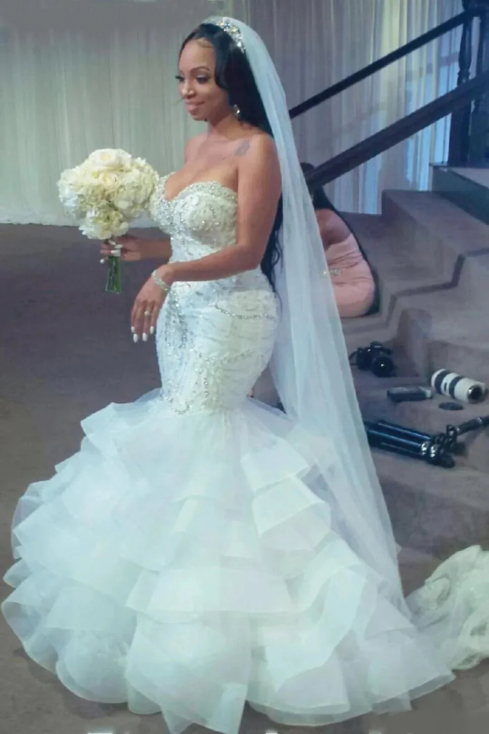 Luxury Long Mermaid Sweetheart Strapless Ruffles Beaded Crystal Wedding Dress - Image 3