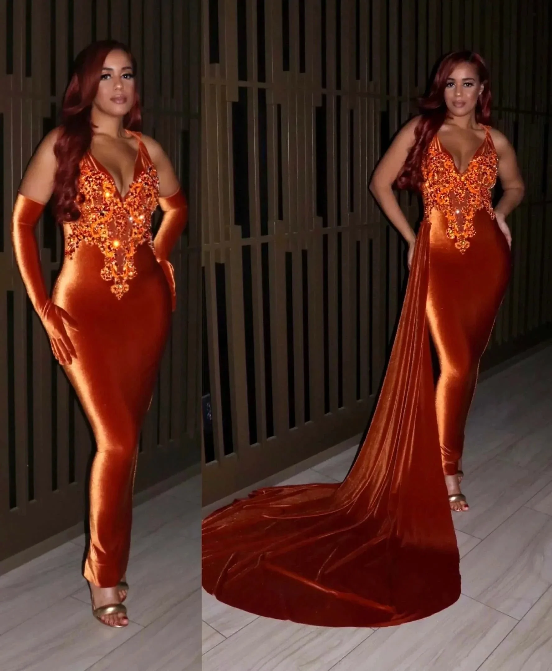 Luxury Long Mermaid V-neck Sleeveless Prom Dress With Train - Image 2