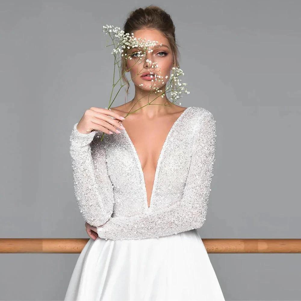 Luxury Long Sleeve Satin Wedding Dress Deep V-Neck Side Split Bridal Party Gown vestido de novia Sweep Train 2023 - Image 2