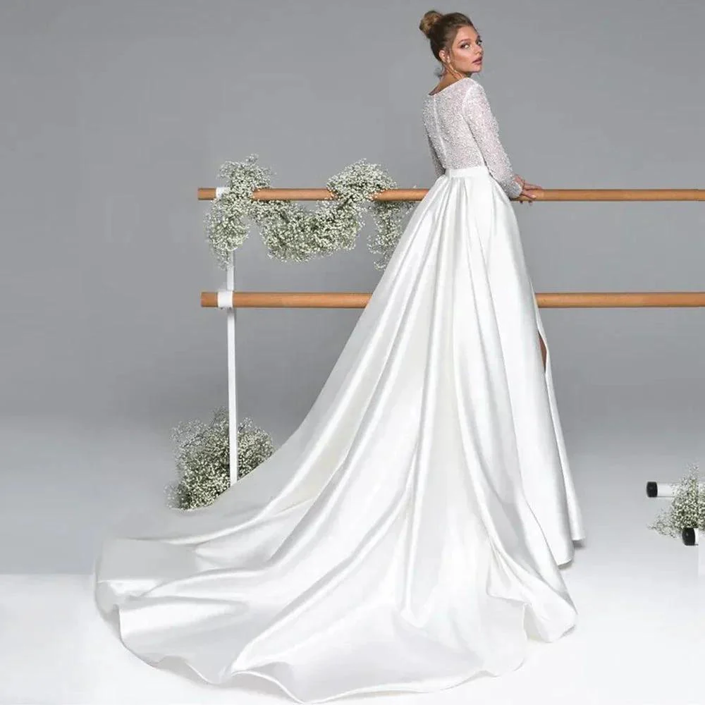 Luxury Long Sleeve Satin Wedding Dress Deep V-Neck Side Split Bridal Party Gown vestido de novia Sweep Train 2023 - Image 3