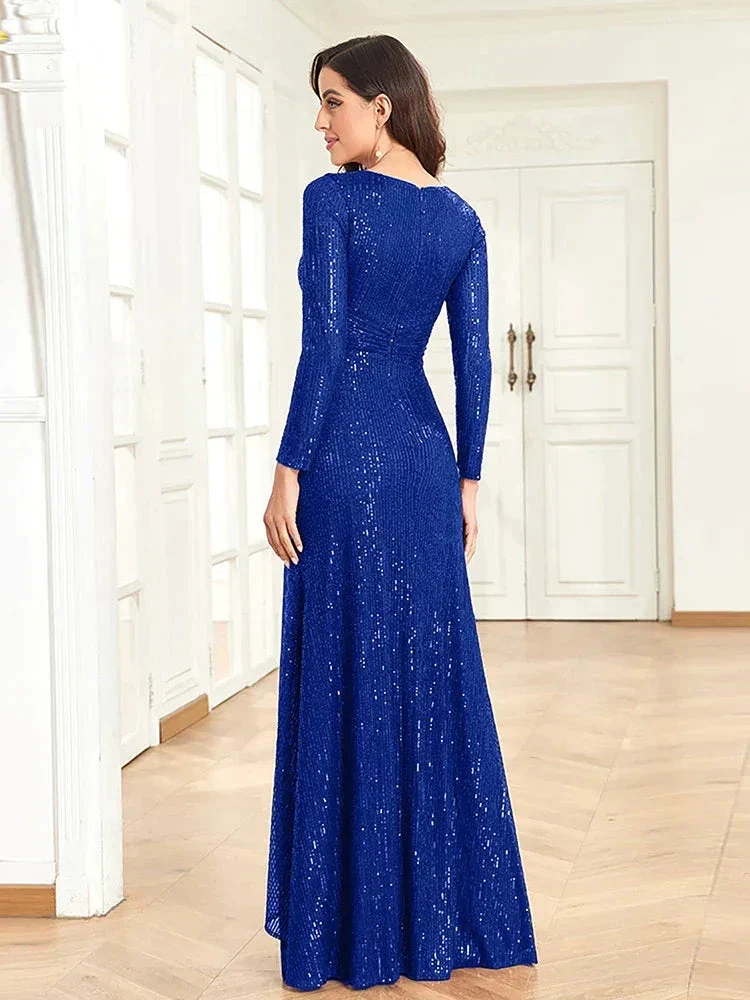 Luxury Long Sleeve V-Neck Evening Dress 2025 Women Wedding Party Sequins For Female Guests Red Prom Cocktail Dresses - Image 2