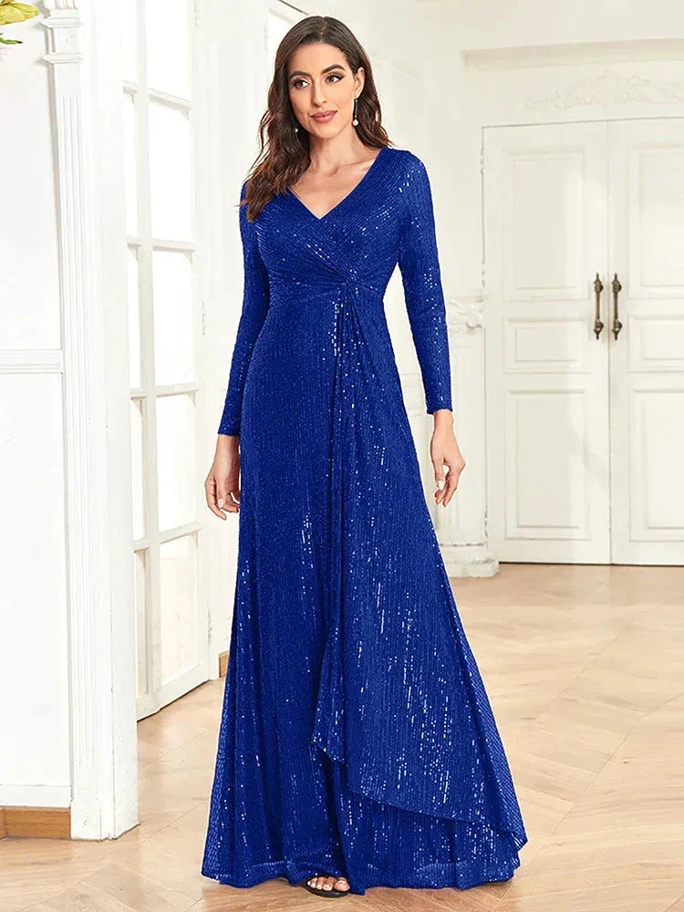 Luxury Long Sleeve V-Neck Evening Dress 2025 Women Wedding Party Sequins For Female Guests Red Prom Cocktail Dresses - Image 3