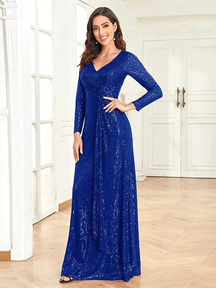 Luxury Long Sleeve V-Neck Evening Dress 2025 Women Wedding Party Sequins For Female Guests Red Prom Cocktail Dresses - Image 4