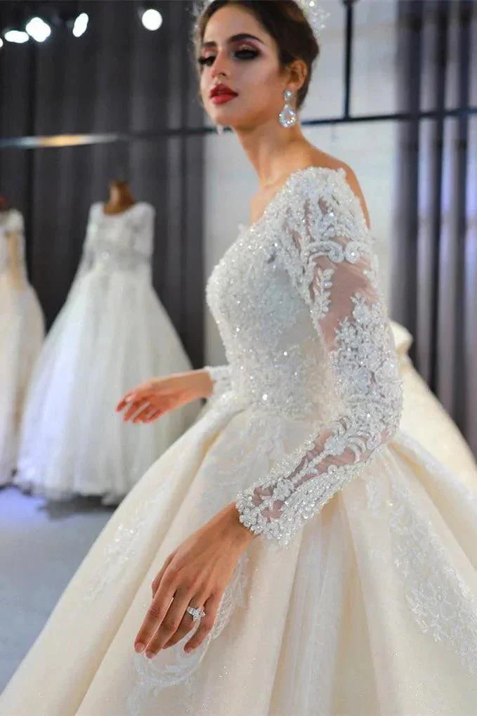 Luxury Long Sleeves Deep V-Neck Princess Ball Gown Garden Bridal Dress - Image 2