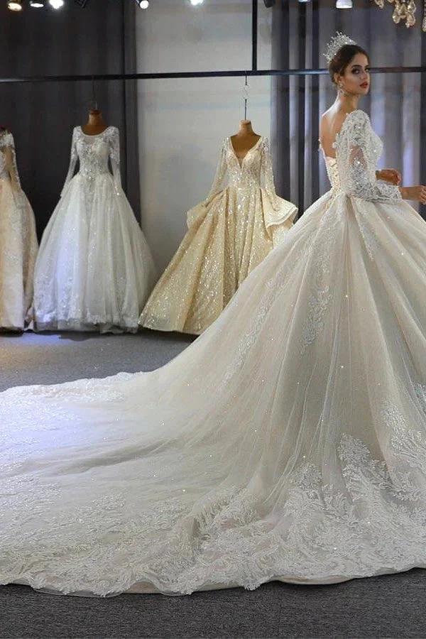 Luxury Long Sleeves Deep V-Neck Princess Ball Gown Garden Bridal Dress - Image 3