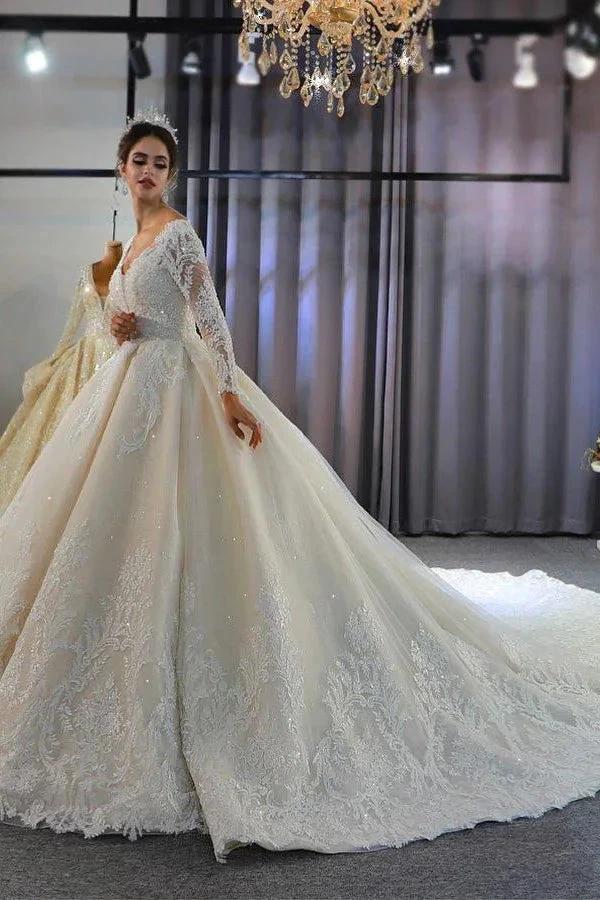 Luxury Long Sleeves Deep V-Neck Princess Ball Gown Garden Bridal Dress - Image 4