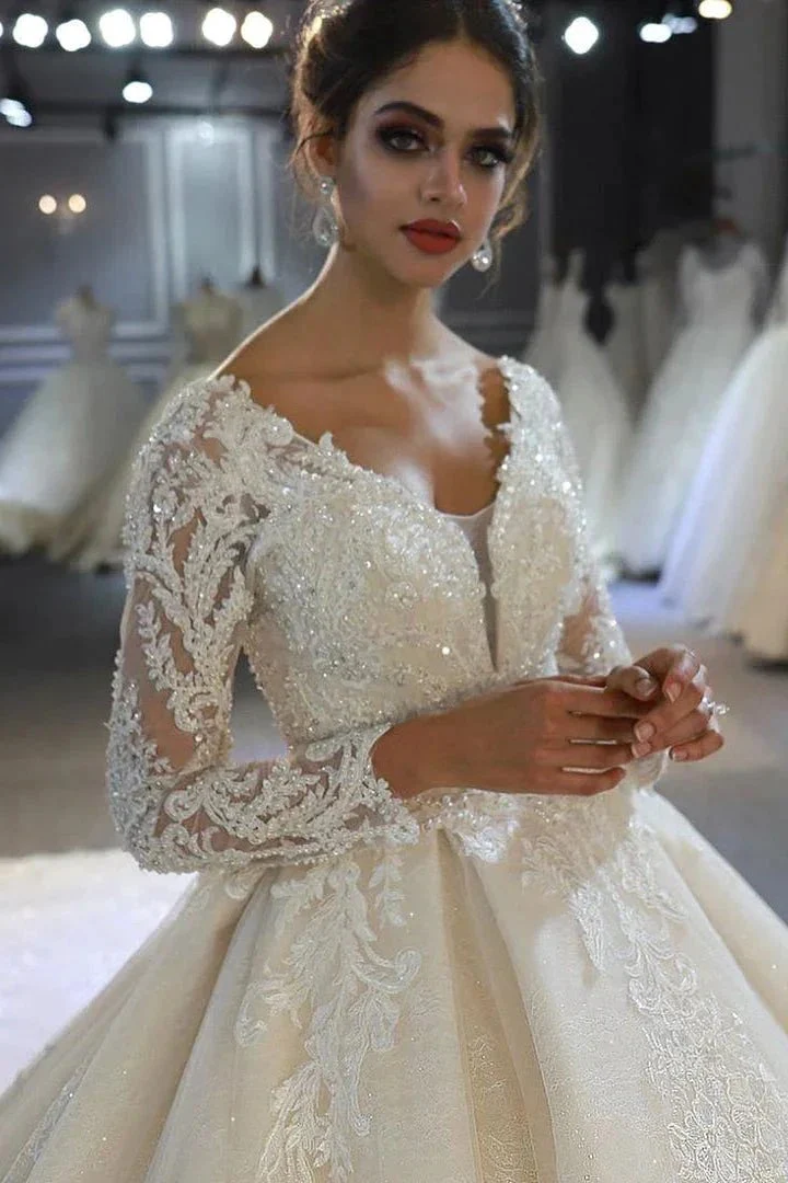 Luxury Long Sleeves Deep V-Neck Princess Ball Gown Garden Bridal Dress - Image 5