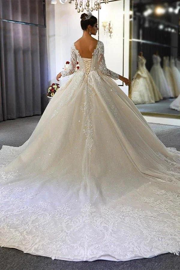 Luxury Long Sleeves Deep V-Neck Princess Ball Gown Garden Bridal Dress - Image 6