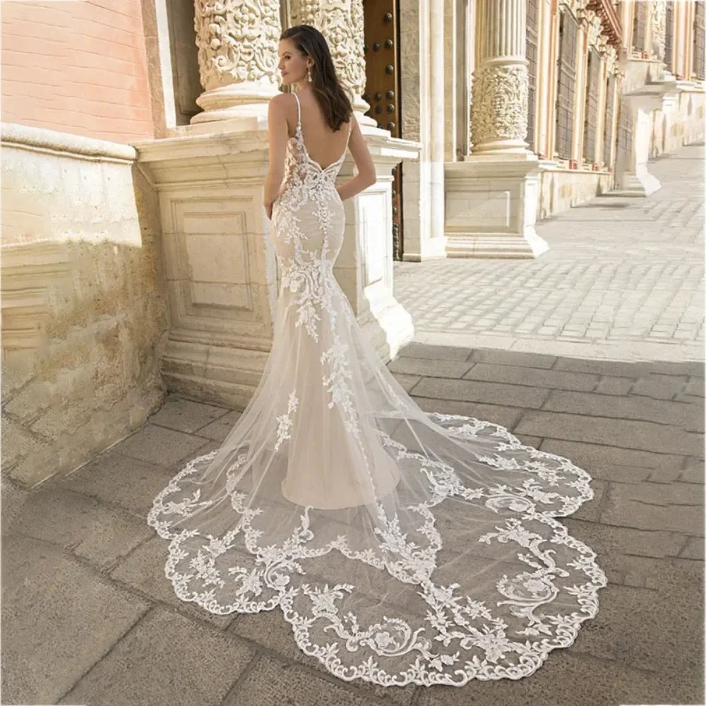 Luxury Mermaid Wedding Dress For Women Lace Appliques V-neck Spaghetti Straps Vestido De Novia Backless Bridal Gown Court Train - Image 2