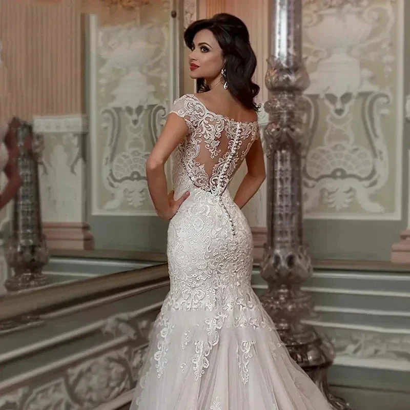 Luxury Mermaid Wedding Dress Short Sleeves Lace Appliques Elegant Boat Neck Bride Gown Illusion Backless Button Train - Image 3