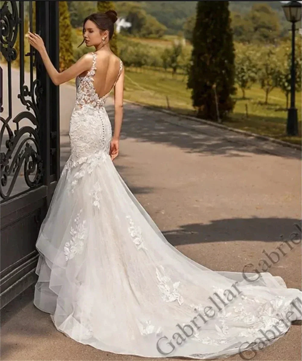 Luxury Mermaid Wedding Dresses Ruffles Backless V-Neck Lace Appliques Sleeveless Sweep Train Vestido De Novia 2024 - Image 2