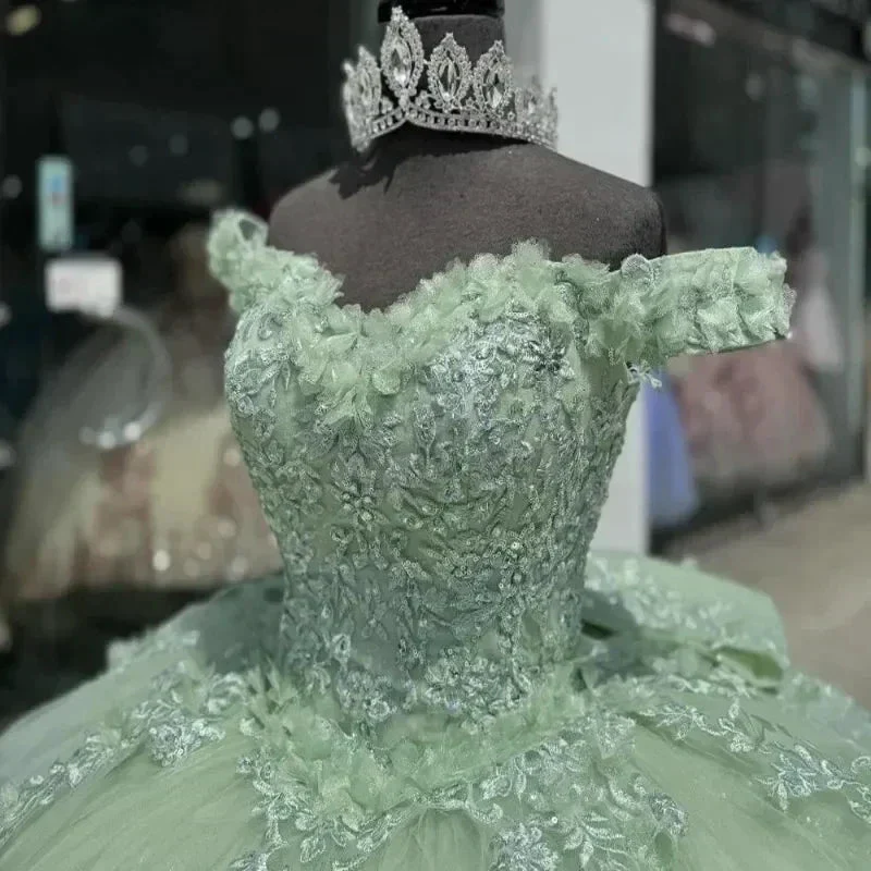 Luxury Mint Green Off The Shoulder Quinceanera Dress Tulle Applique Beading Tiered Bow Birthday Ball Gown Y8125 - Image 2