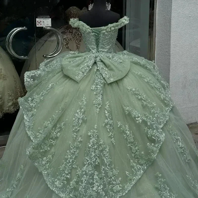 Luxury Mint Green Off The Shoulder Quinceanera Dress Tulle Applique Beading Tiered Bow Birthday Ball Gown Y8125 - Image 3