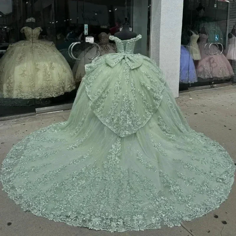 Luxury Mint Green Off The Shoulder Quinceanera Dress Tulle Applique Beading Tiered Bow Birthday Ball Gown Y8125 - Image 4