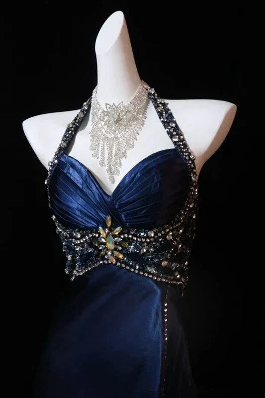 Luxury Navy Blue Beaded Slit Evening Dress Formal Prom Dress Y7723 - Image 2