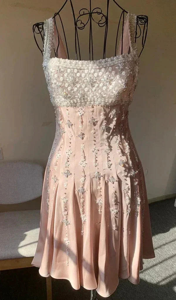Luxury nude satin hand-beaded diamond homecoming dress Y4542 - Image 2