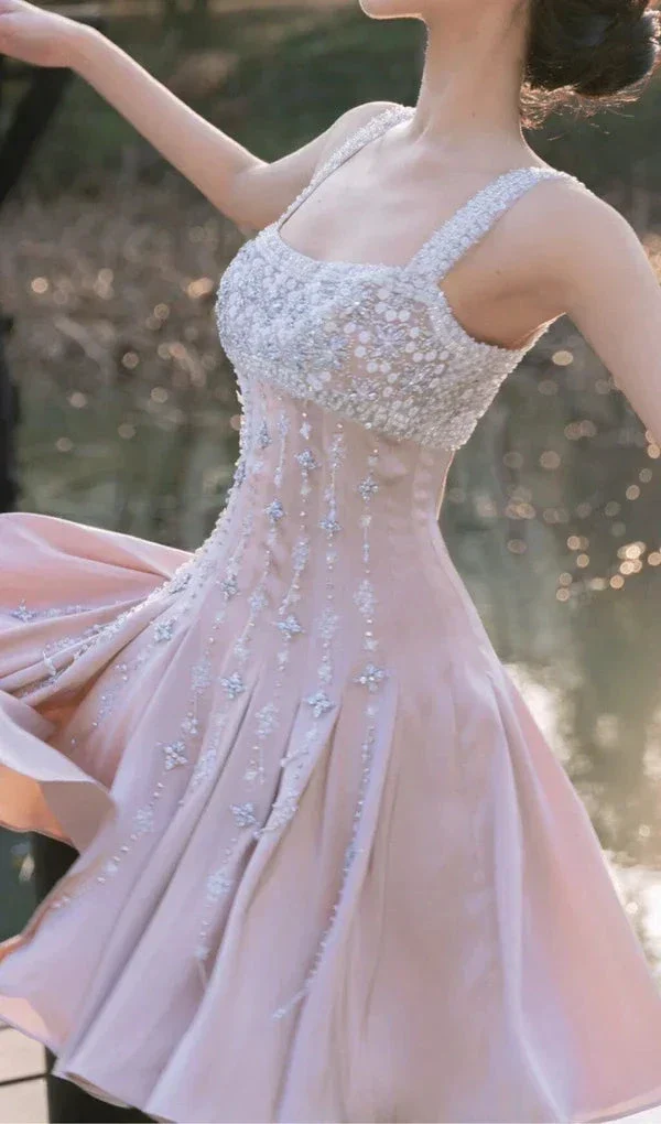Luxury nude satin hand-beaded diamond homecoming dress Y4542 - Image 5