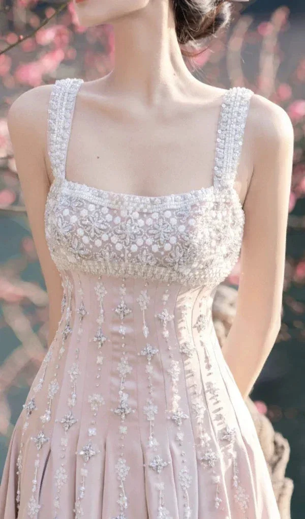 Luxury nude satin hand-beaded diamond homecoming dress Y4542 - Image 6
