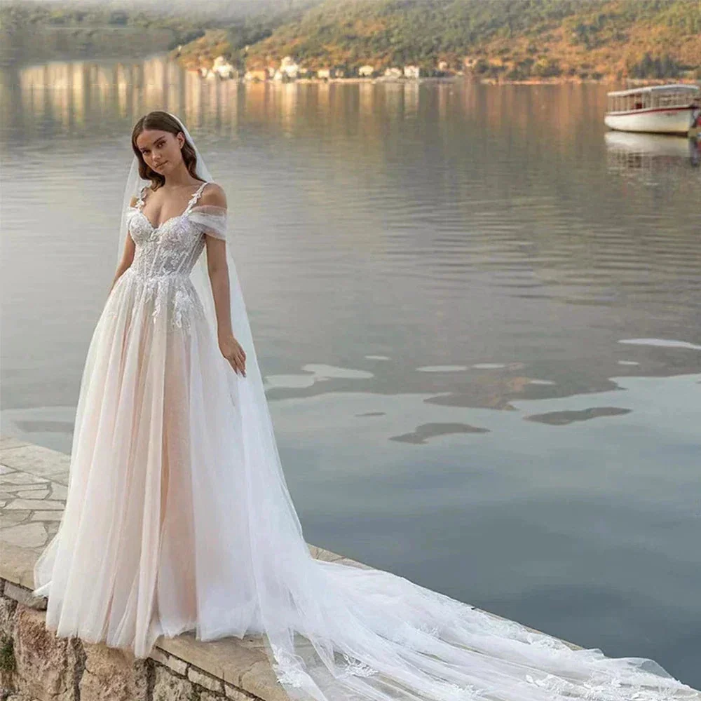 Luxury Off Shoulder Sleeveless Sexy Lace Mopping Beautiful Wedding Dresses Boho Backless Charming Simple Bridal Gowns New 2023 - Image 4