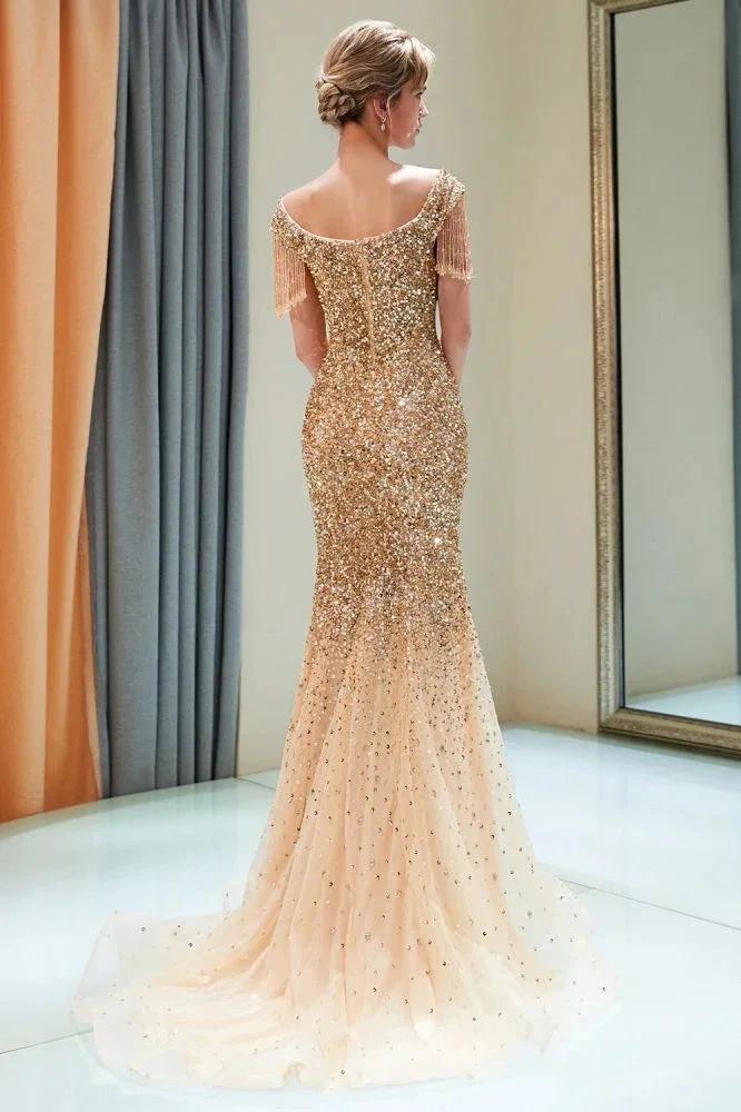 Luxury Off-the-shoulder V-neck Floor Length Sequins Evening Dress - Image 10