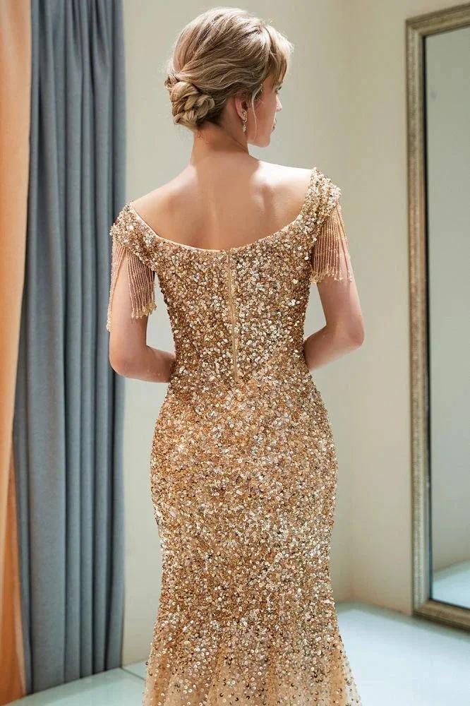 Luxury Off-the-shoulder V-neck Floor Length Sequins Evening Dress - Image 11