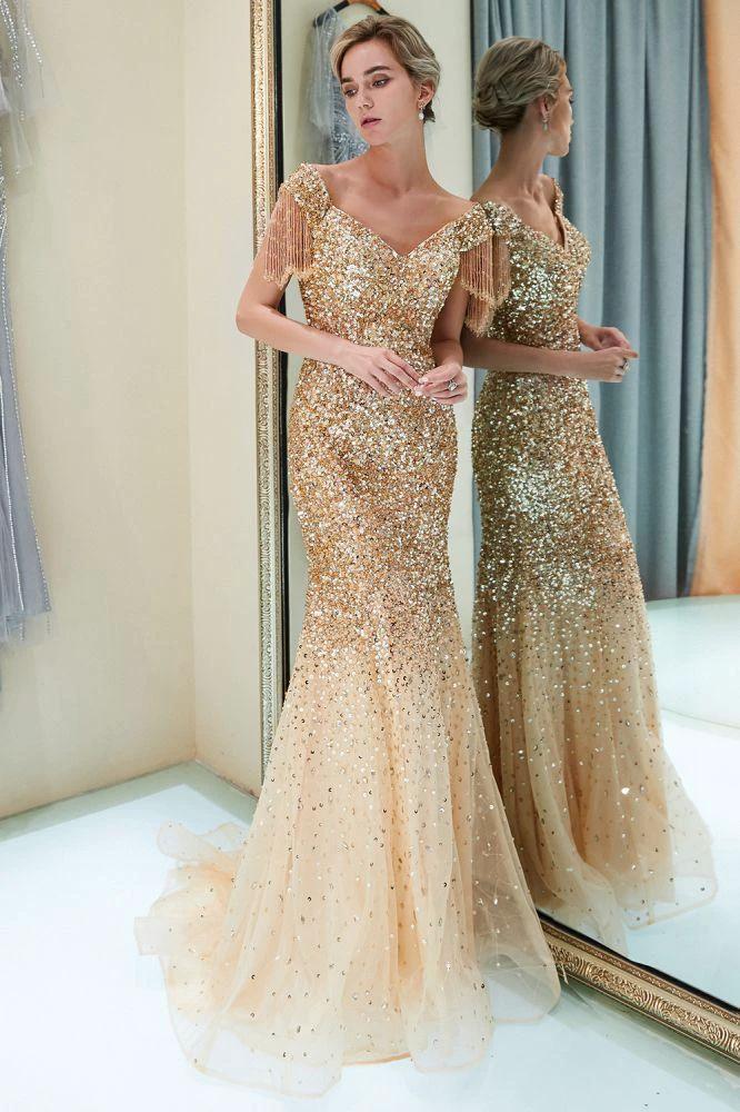 Luxury Off-the-shoulder V-neck Floor Length Sequins Evening Dress - Image 13