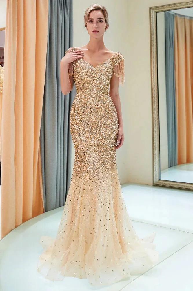 Luxury Off-the-shoulder V-neck Floor Length Sequins Evening Dress - Image 15